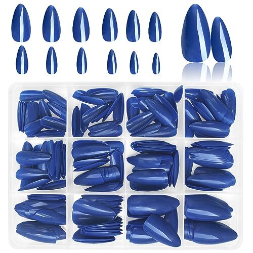 240pc Almond Press on Nails Medium Length Blue Fake Nail Tips Full Royal Blue