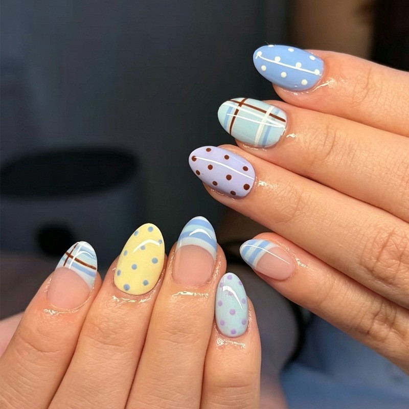 48Pcs-Medium Almond Blue Purple Yellow Polka Dot Plaid Fake Press on Nails Set