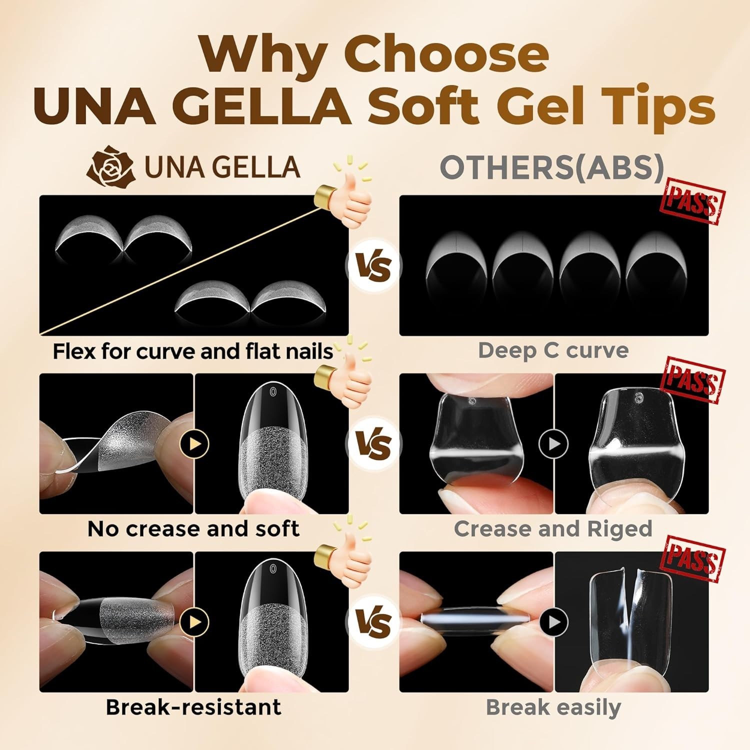 UNA GELLA Oval Fake Nails 504pcs Almond Gel Tips Full Cover Soft Gel 12 Sizes