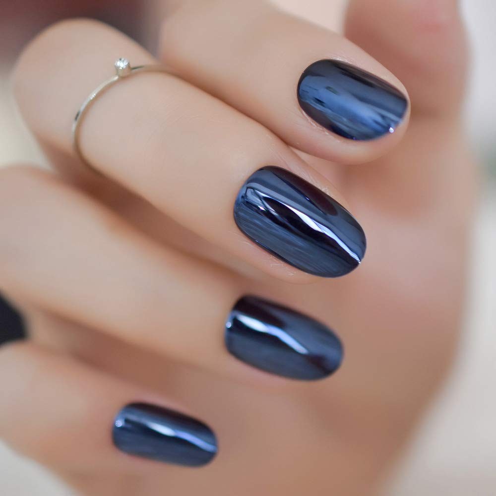 Press On Nails – Gray Blue Mirror Reflective | Acrylic Solid l UV Medium Oval…