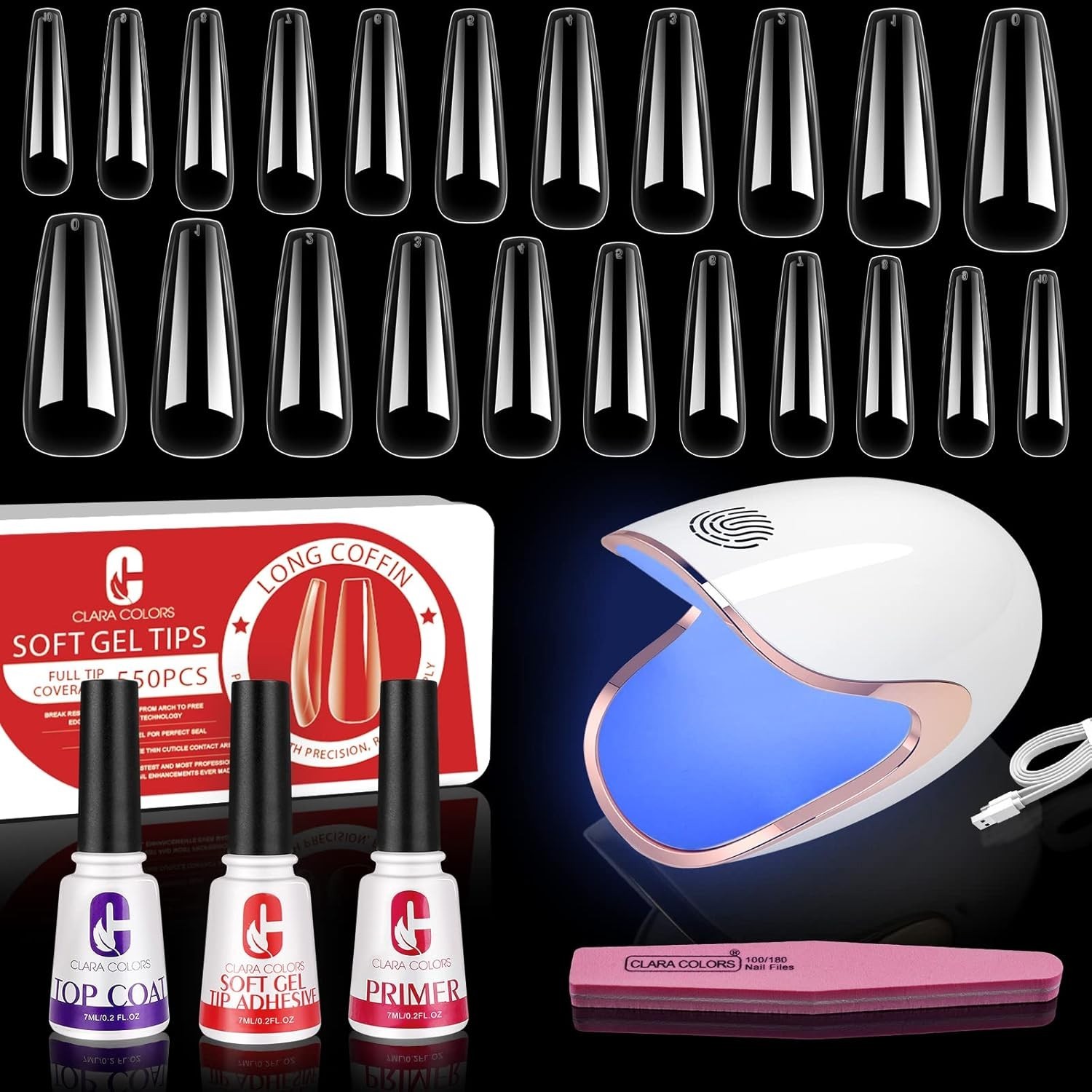 550pcs Long Coffin Acrylic Nail Tips Kit with UV Lamp – Durable & Glossy Finish