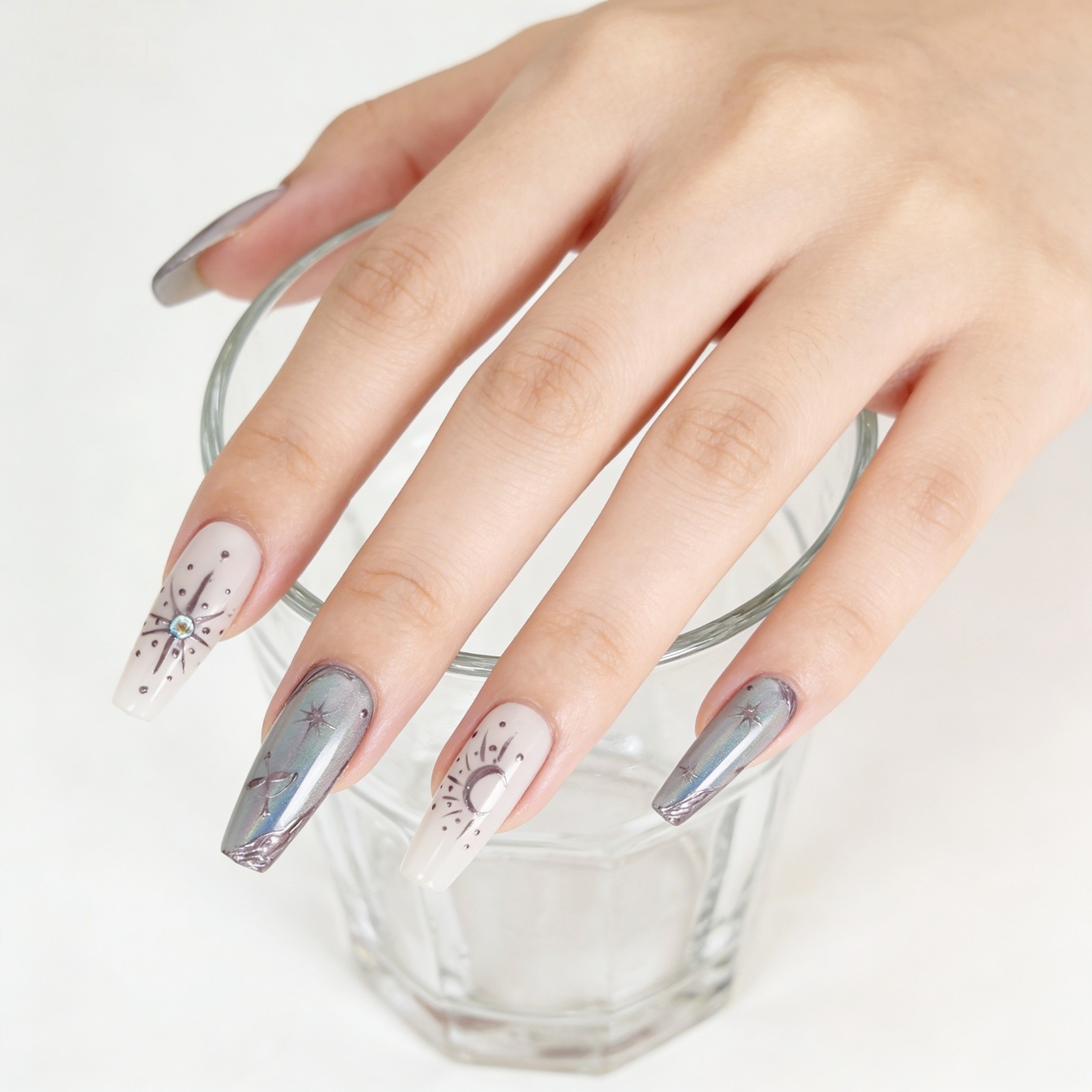 Futuristic Silver Gray Diamond Thorn Coffin Press-On Nails with Metal Details