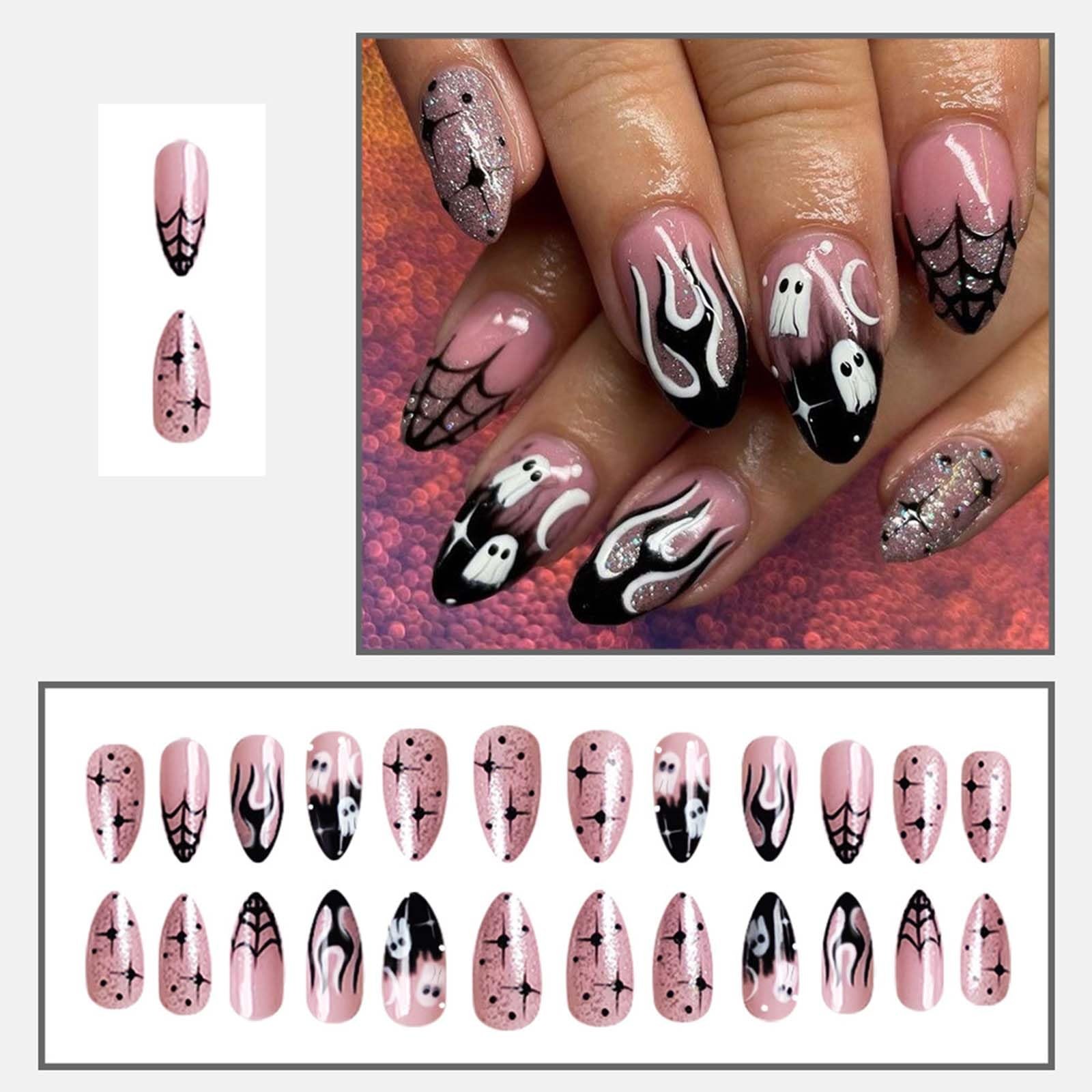 ONPRESS 24Pcs Halloween Press on Nails Short Almond Fake Nails Black Flame Fr…