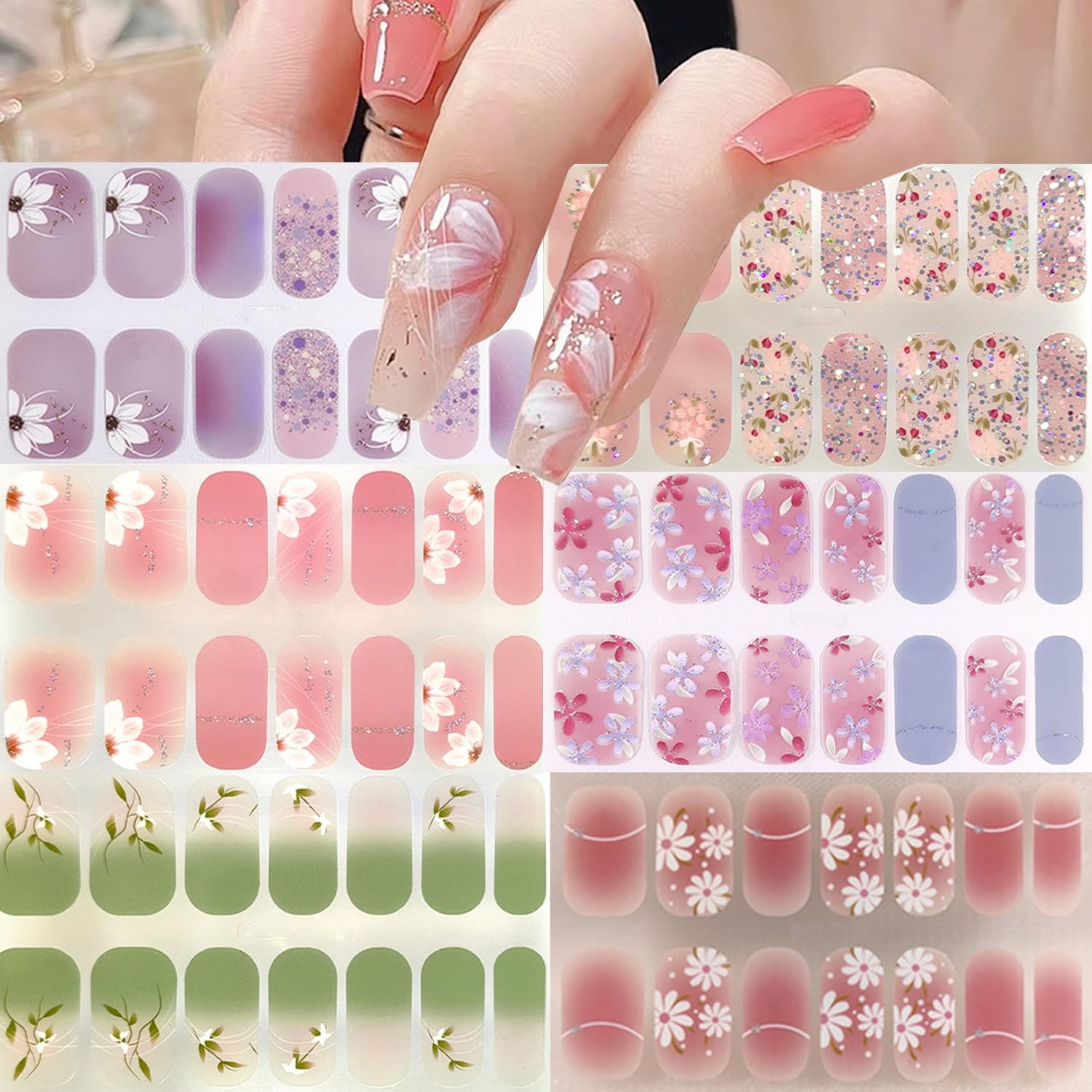 Flower Semi Cured Gel Nail Strips Gradient Gel Nail Sticker Self-Adhesive Ful…