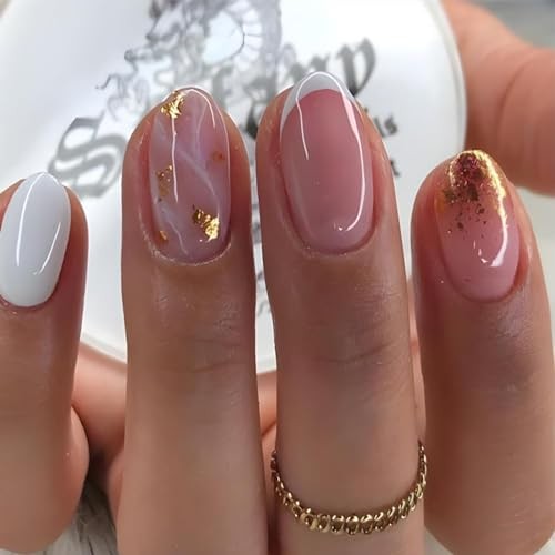 French Tip Press on Nails Short Round Head Almond Fake Nails with Gold Foil