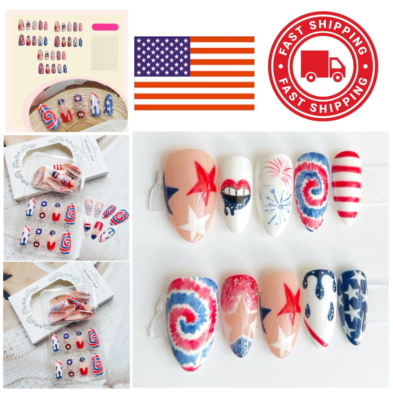 Unique 4th of July Acrylic Nails Full Cover with Star and Fireworks Design