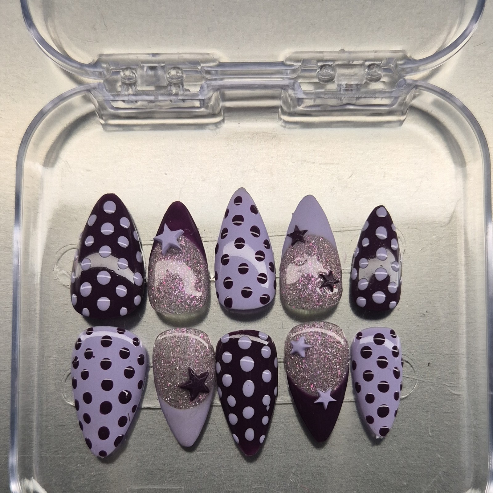 Purple White Silver Glitter Star Polka Dot Stiletto Press-On Nails Long Full Co…