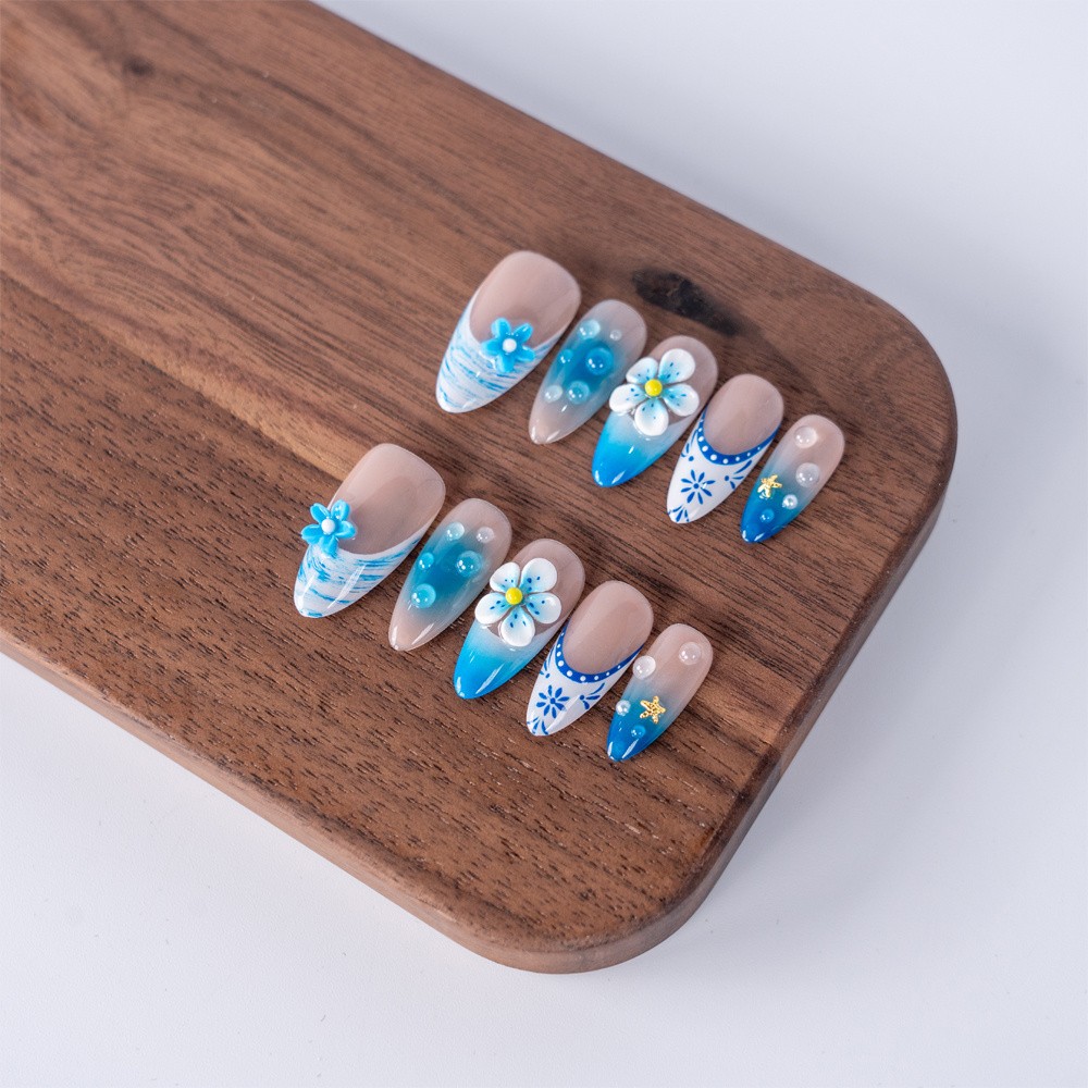 Elegant Handmade Blue Ombre Press On Nails Medium Almond Shape for Spring Summer
