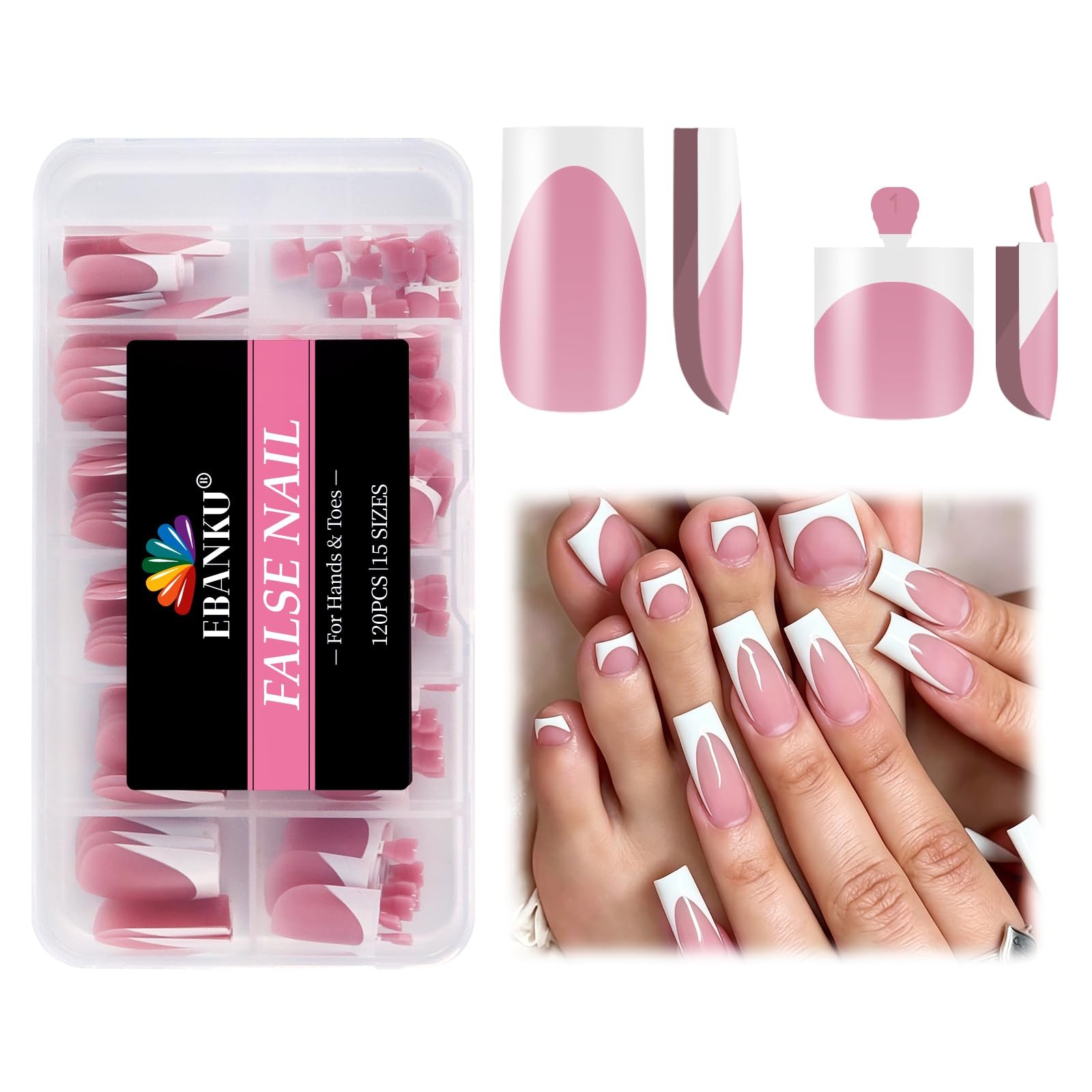 French Toe Nail Tips Set,120Pcs White Pink Full Cover Soft Square Tip Press o…