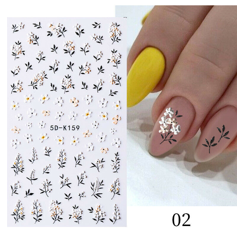 5D Embossed White Love Flower Bunny Daisy Fingers Toe Nail Art Stickers NS25