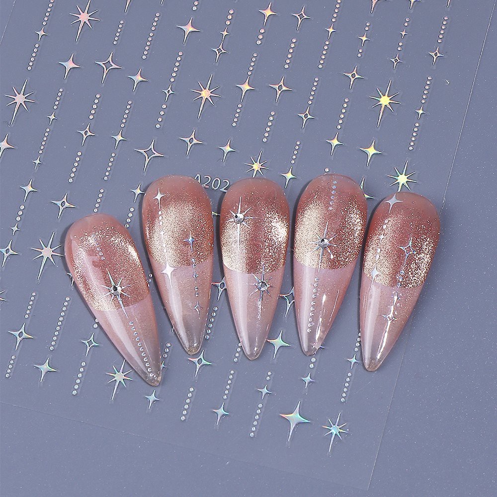Sparkle Stars Dots Nail Art Stickers Solid Hollow 4 Pointe Star Gold Silver 6080