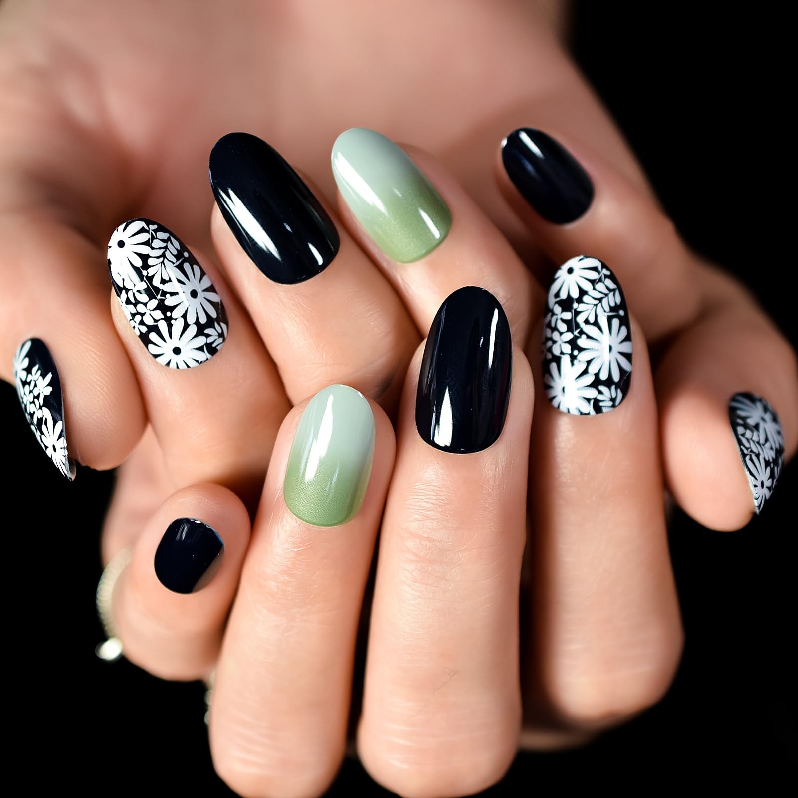 Pre-design Press On Nails Glossy Black Green False Nails Medium Long Nail Art…