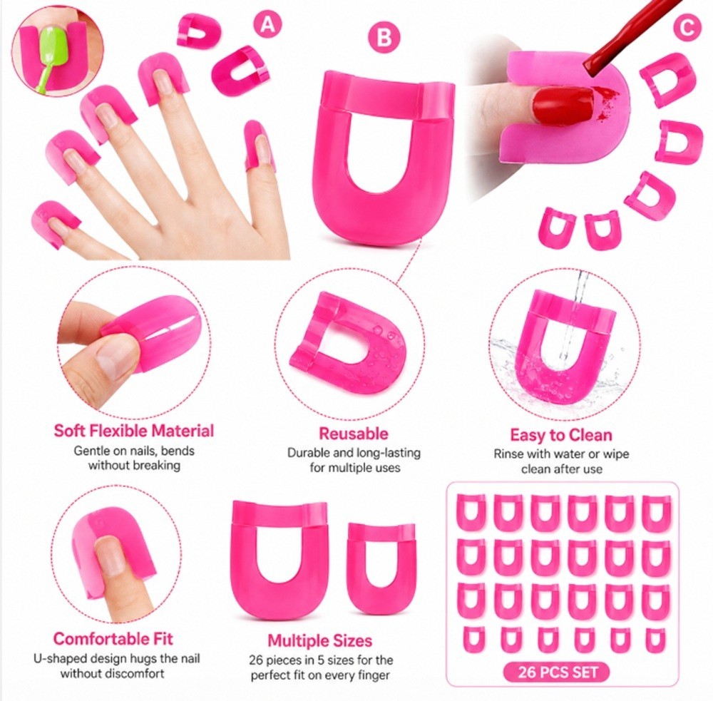 26 Ps U-Shape Nail Polish Protectors & Stencils – Reusable Finger Covers for DIY