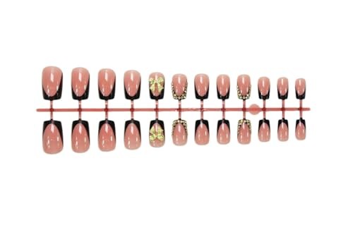 Bow Press on Nails Black French Tip Fake Nails Medium black french tip gold bow