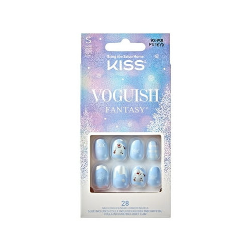 KISS Voguish Fantasy, Press on Nails, Snowman Nose, Blue, Short Oval, 28 Count