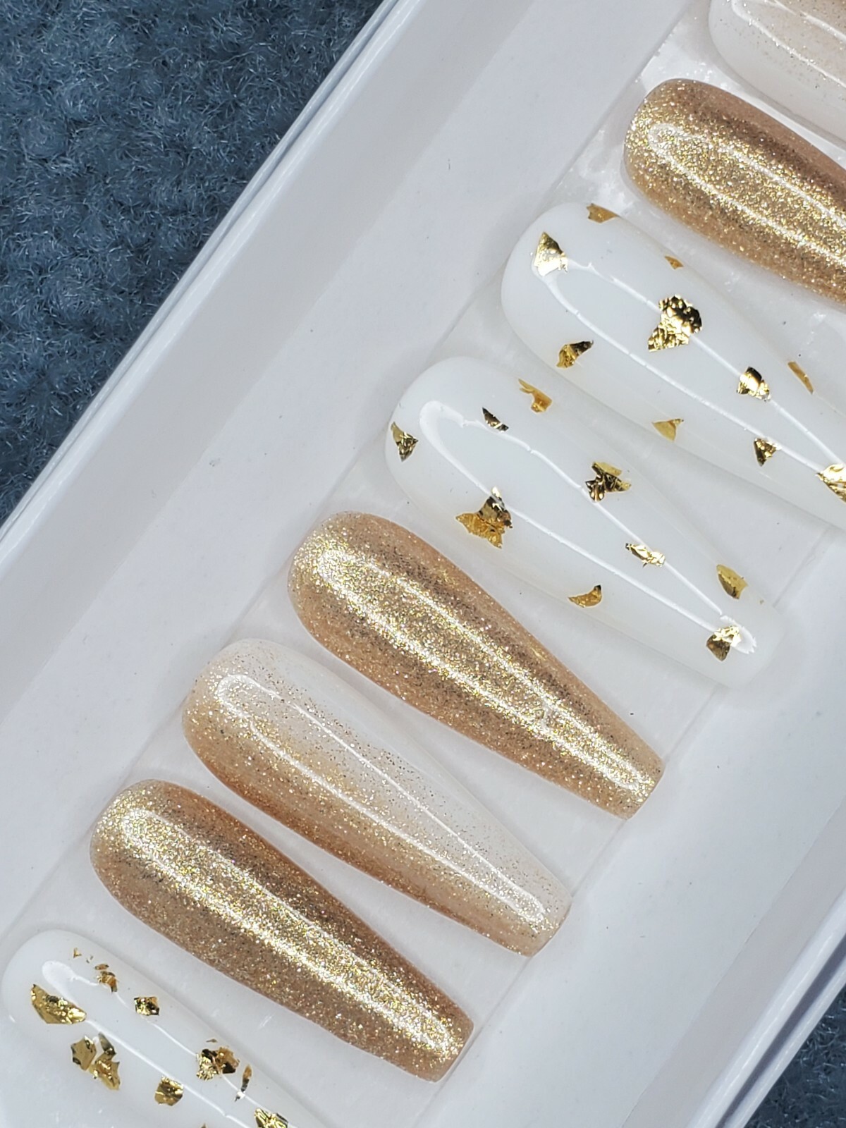 White & Gold flakes chrome metallic Bling glitter ombre press on nails long nail