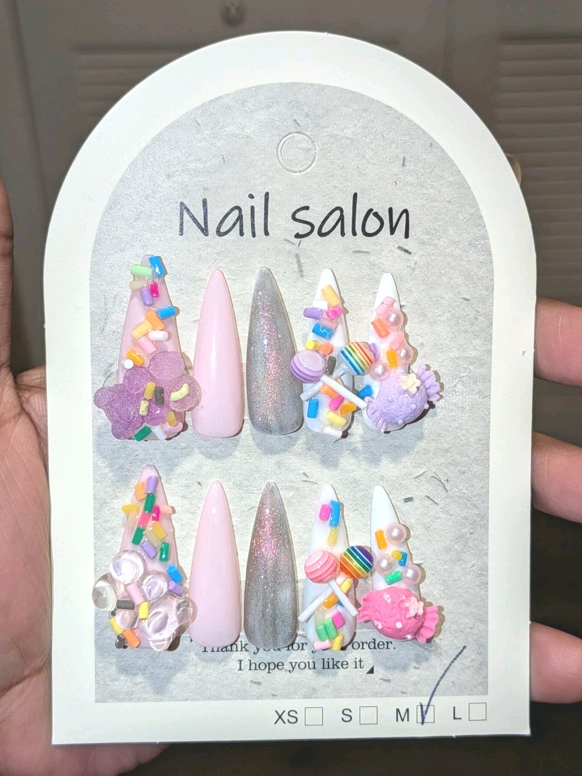 Hand Crafted Pink, White & Purple Stiletto Press-On Nails with Candy 3D Charms