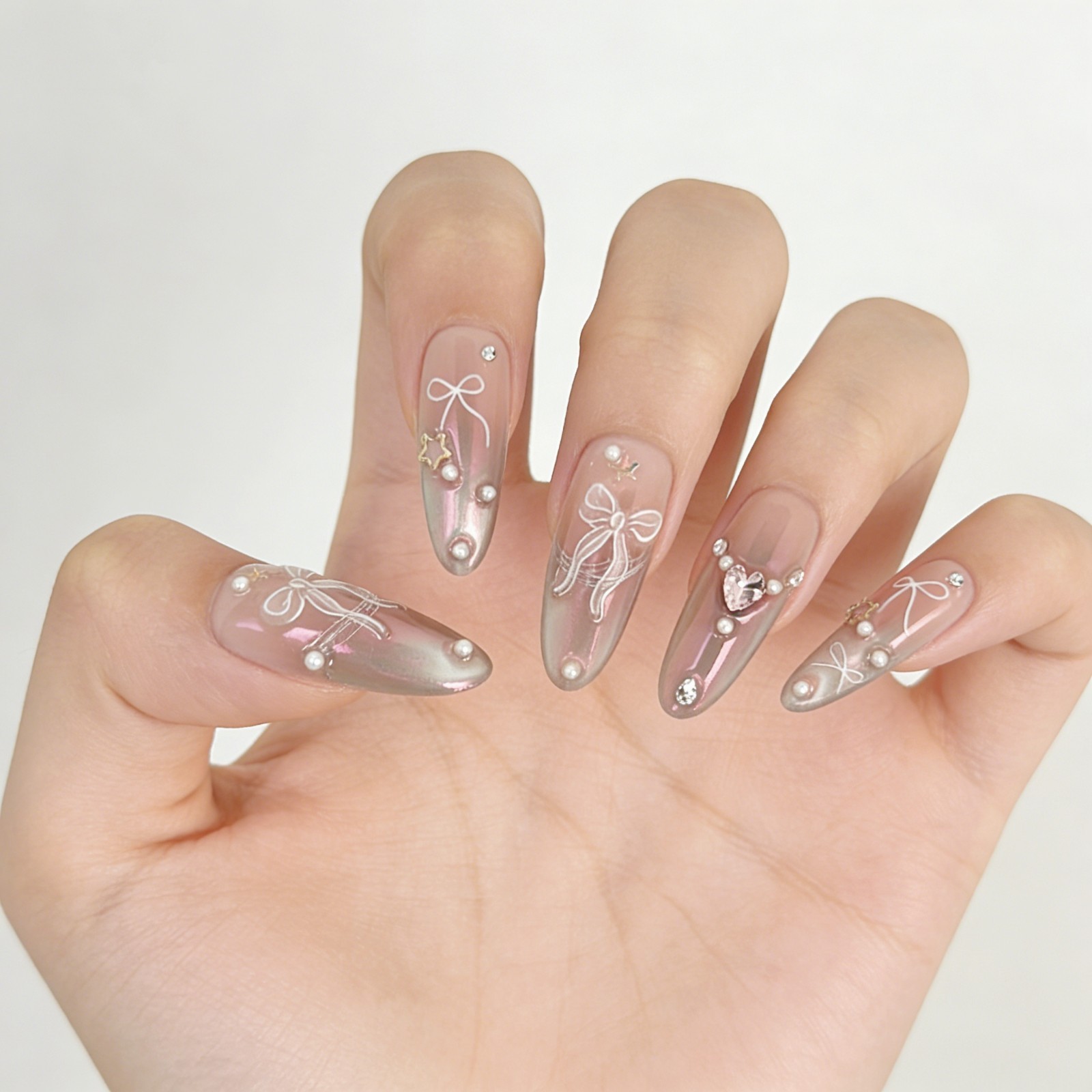 Pink Aurora Bow Press On Nails Almond Pearl Rhinestone Reusable Glue On Set