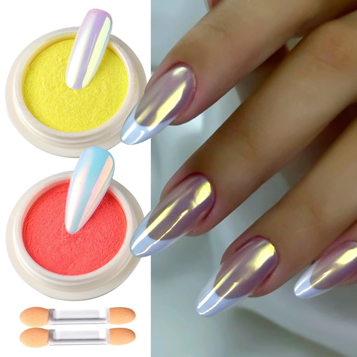 2 Jars Chrome Nail Powder Red and Gold Aurora, Iridescent Fairy Fine Chrome S…