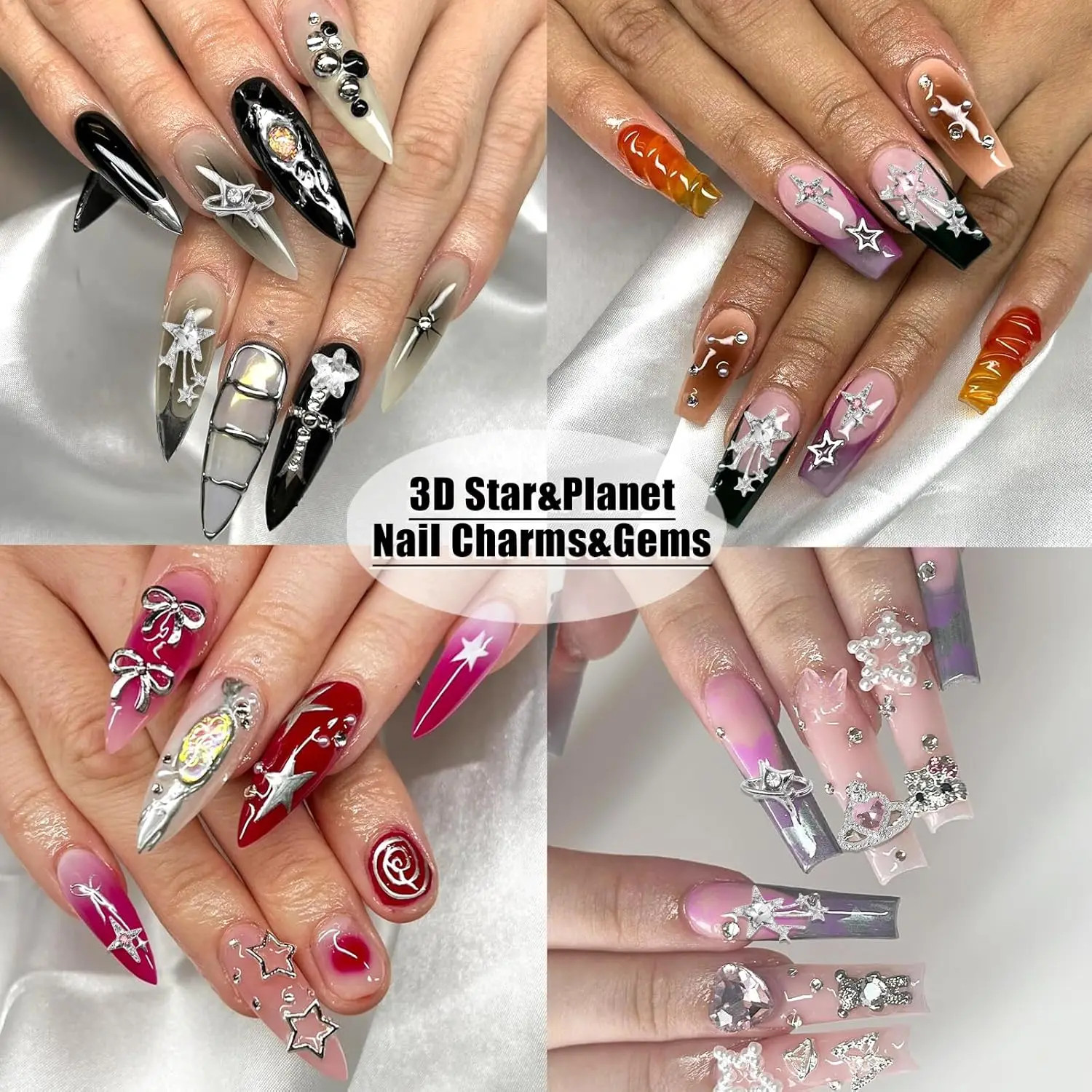 40PCS Y2K 3D Silver Star Nail Charms Pink Nail Rhinestone Multi Style Nail Art
