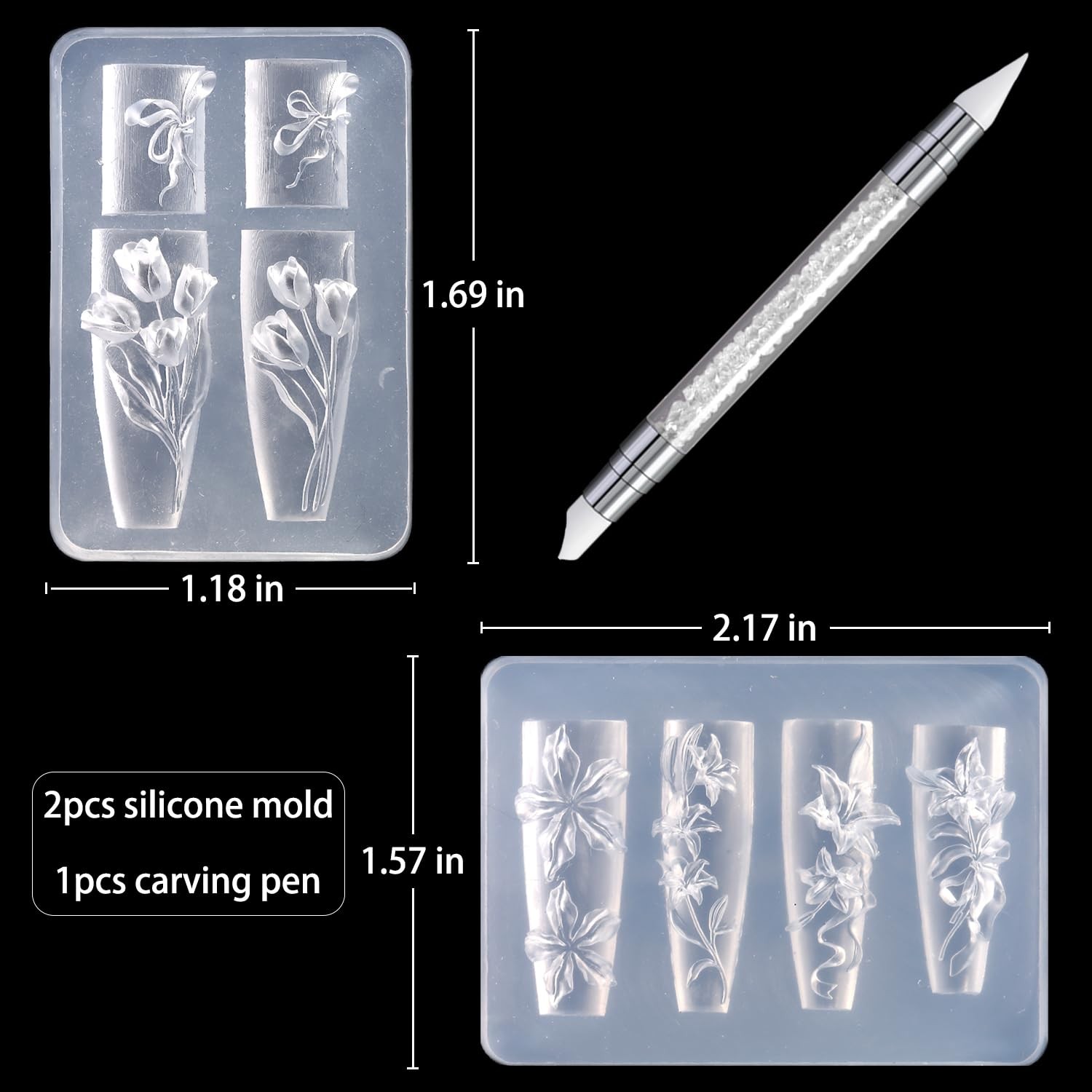 Silicone Nail Art Molds, 2PCS Reusable Clear 3D Flowers Nail Charm Molds with…