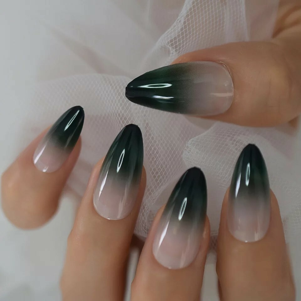 24 Ombre Green Press On Nails w/ Glue Nude Dark pointed almond stiletto goth