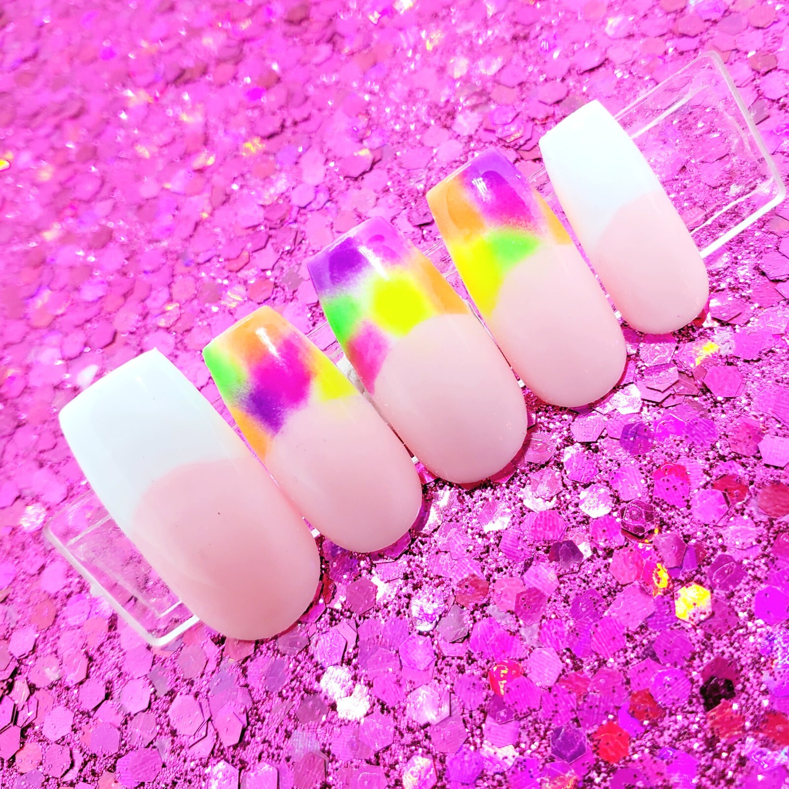 Neon Tie Dye French Tip Short Square Nail Set Press On Nails Handmade Hard Gel
