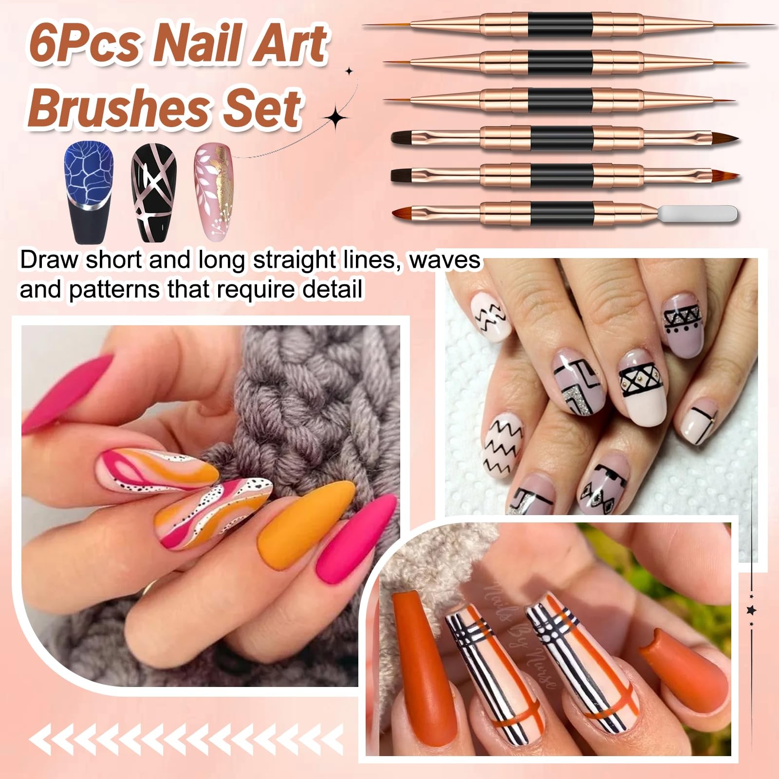 Double-Ended Acrylic Nail Art Liner Brushes, 6Pcs Gel Polish Black