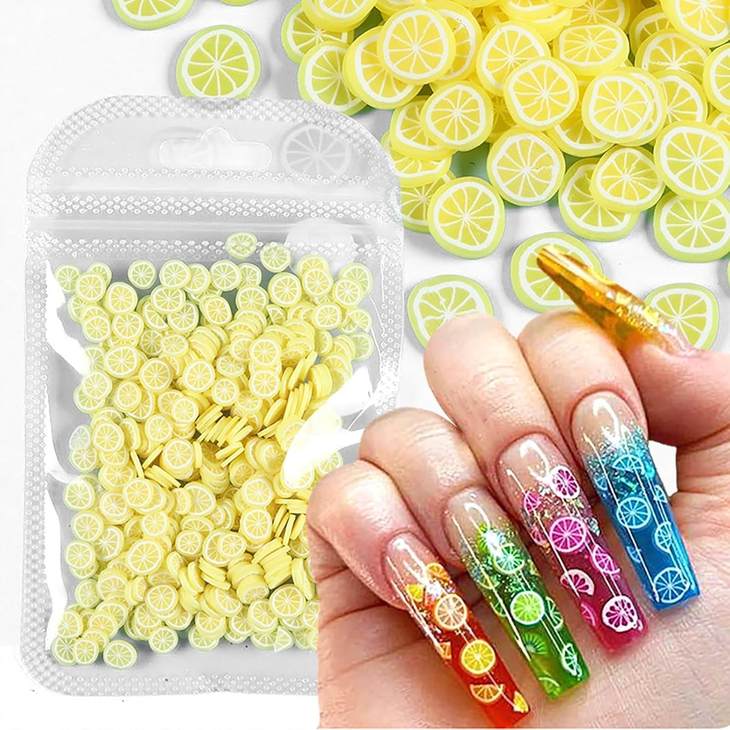 Lemon Fimo Slices, Nail Charms, 3D Nail Art, Polymer Clay Fruit Slices