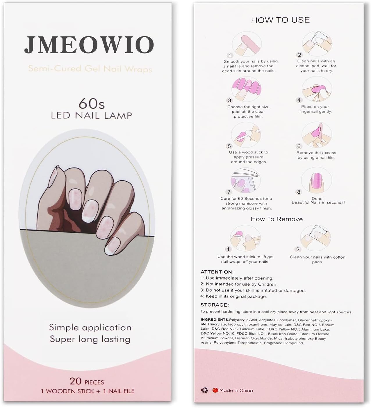 Semi Cured Gel Nail Strips French Tip White Pink Flower Design UV LED Nail Art