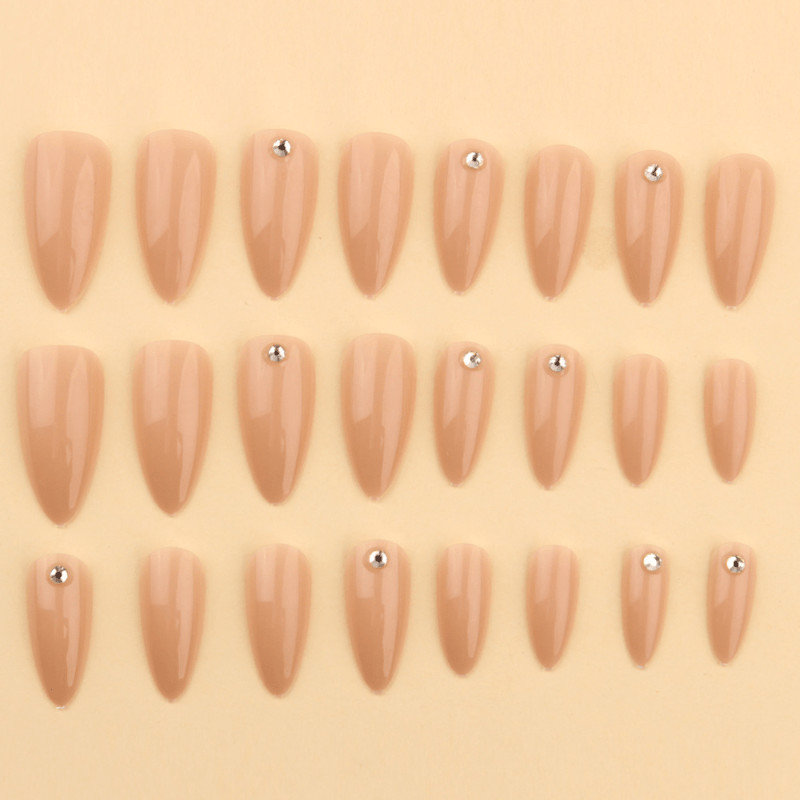 48pcs Almond Press on Nails, Nude Clear Glitter Single Rhinestone Plain Nails