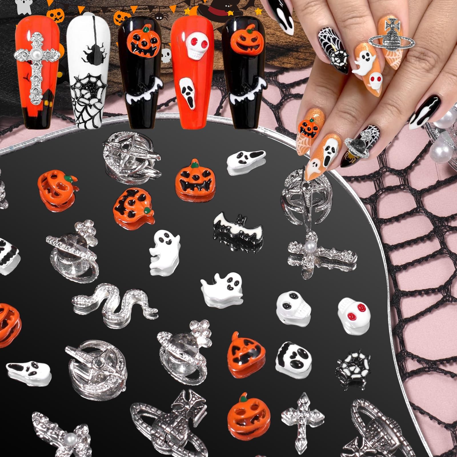 32 Pcs Halloween Nail Charms, 16 Styles Halloween Nail Art Charms Skull Pumpk…