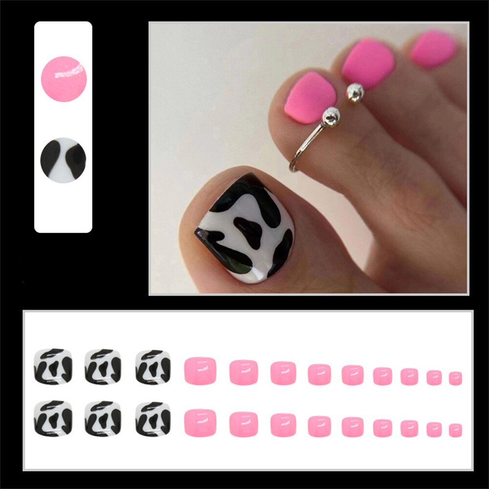 Glossy Pink False Nail Animal Print Short Toe Press on Nails for Nail Art 24pcs