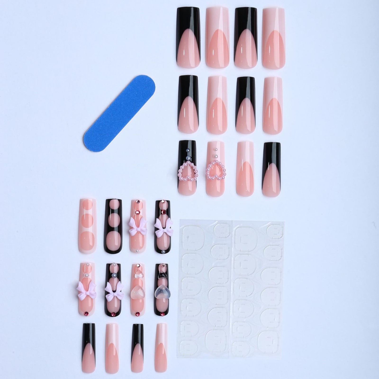 Long Square Press on Nails Black & White Fake Nails Pink 3D Bow Heart Artific…