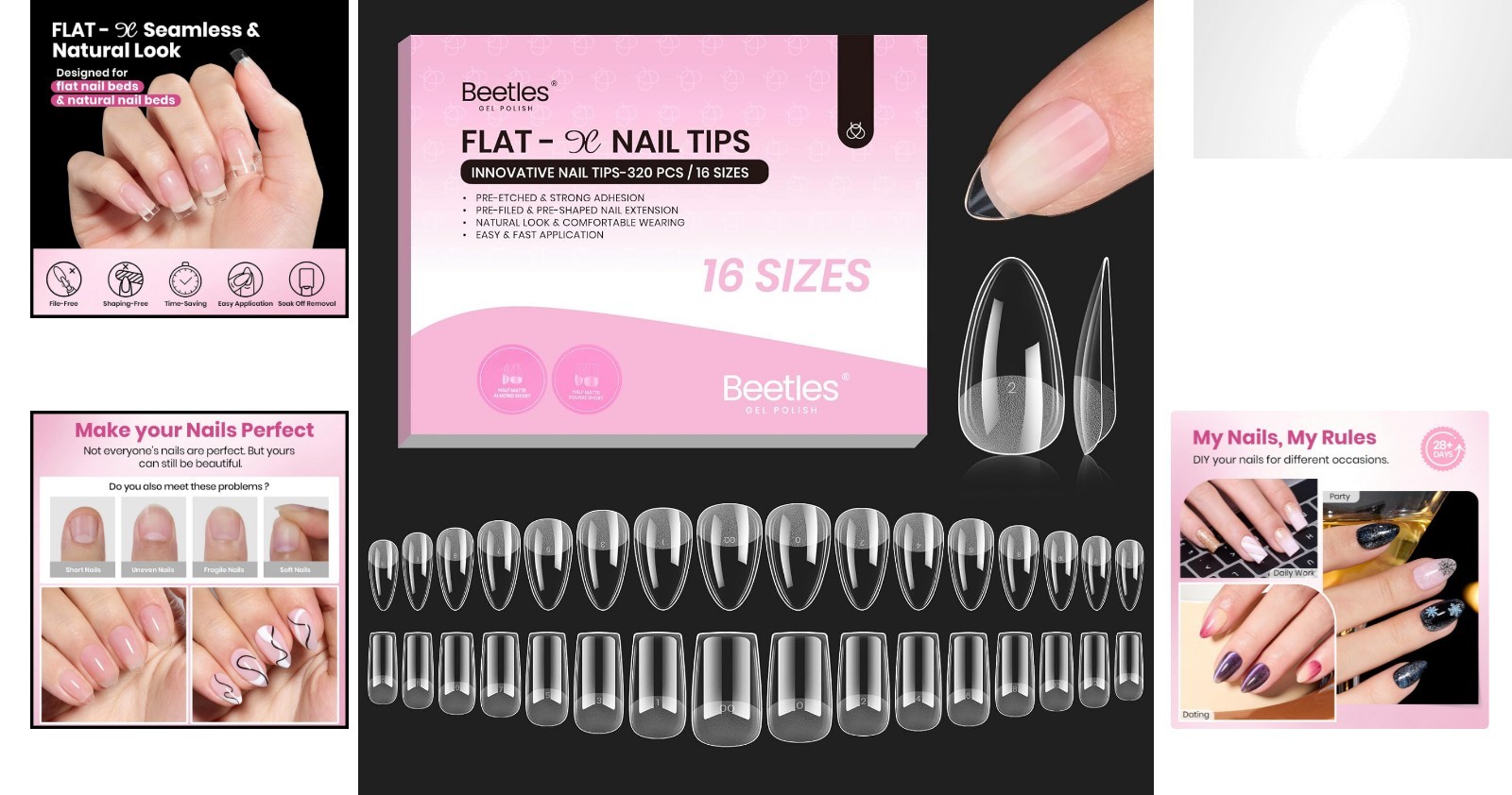 Soft Acrylic Nail Tips – Flat-X Almond Square, 320 pieces for Nail Art
