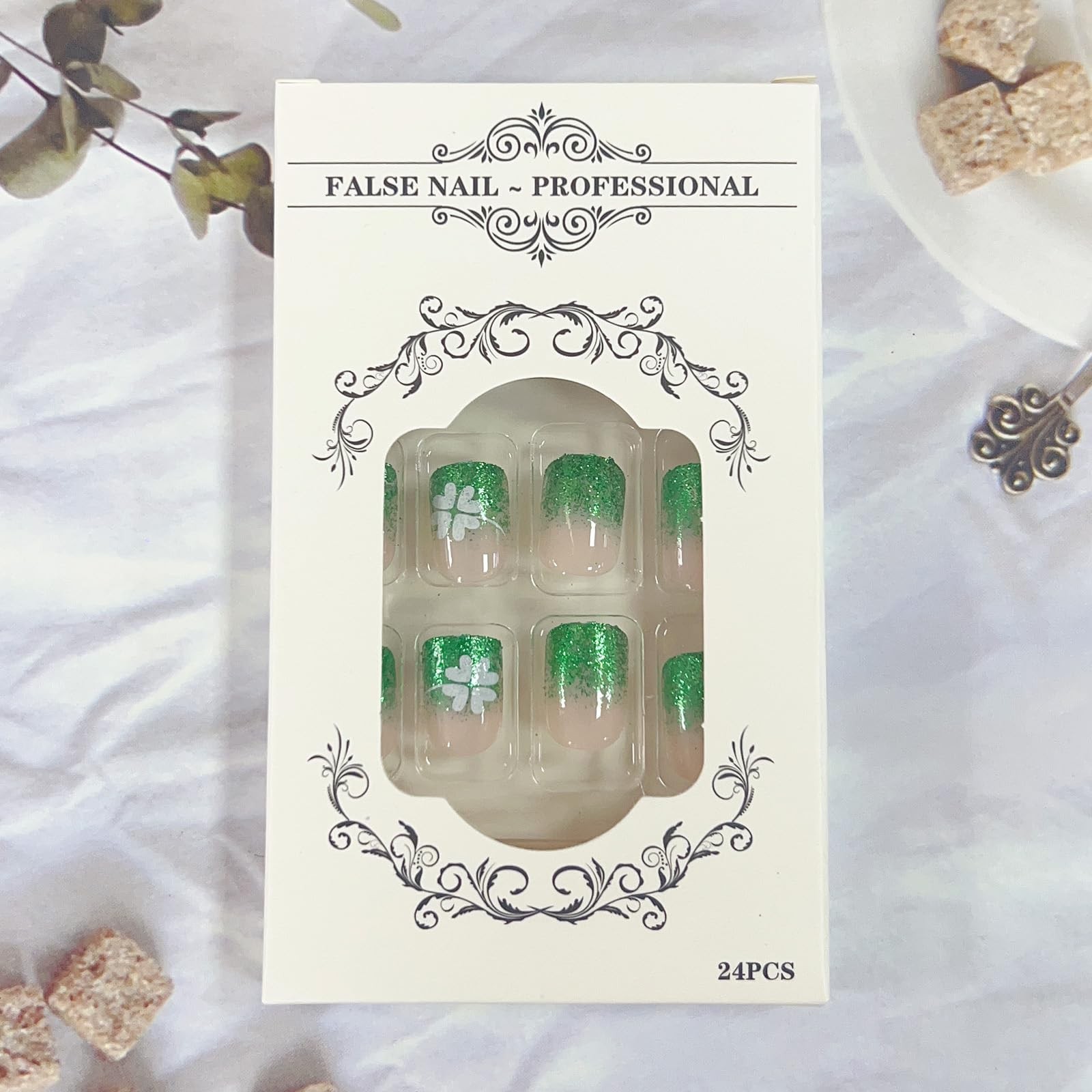 St. Patrick’s Day Press on Nails Short Square Fake Nails Green French Tip Pre…