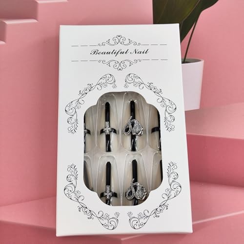 Press on Nails Long Stiletto Goth Black Fake Nails with 3D Goth Press on Nails