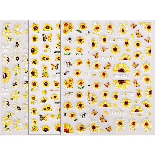 5D Nail Art Stickers Self-Adhesive Flower Decals Engraved Embossed Sunflower