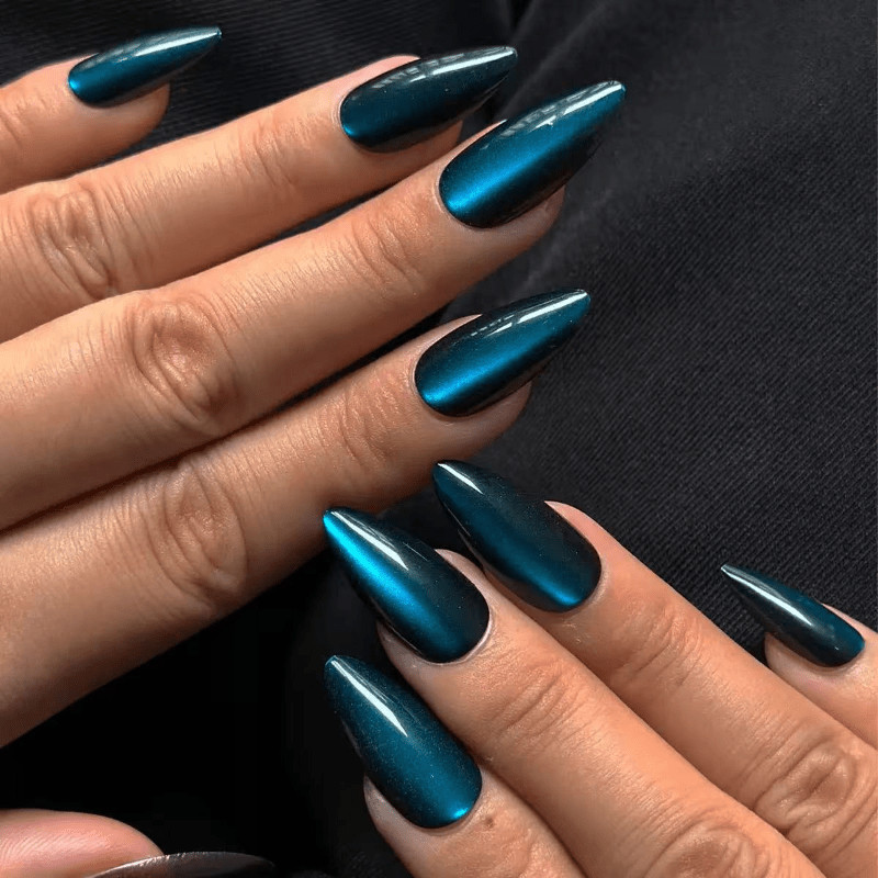 48Pcs-Long Stiletto Teal Blue Cat Eye Glossy Press on Nails Luxury Solid Color