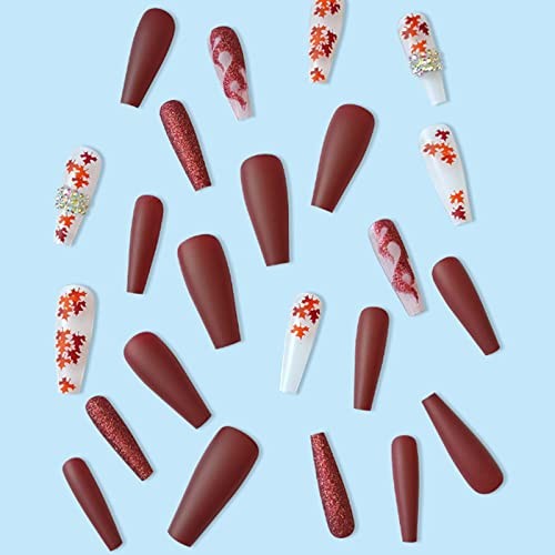Hkanlre Red Coffin Long Fake Nails Bling Rhinestones 24PCS for Women & Girls