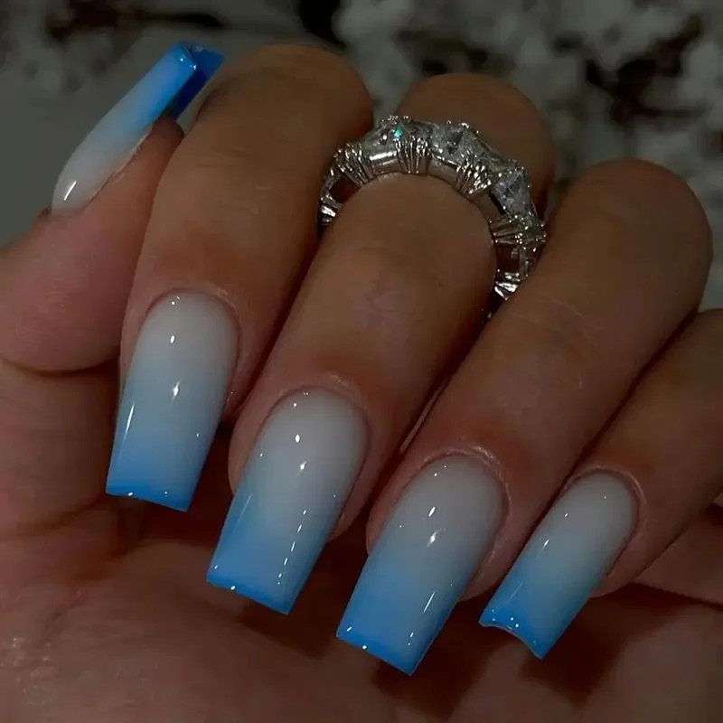 24PCS Press On Nails Square Gradient Blue Fake Nails With Long Acrylic Gloss