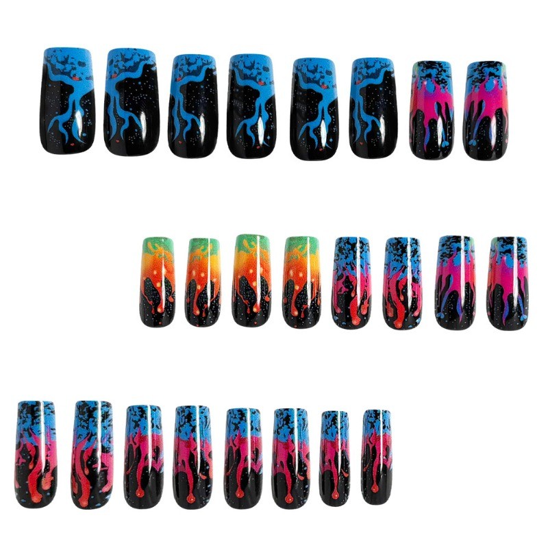 48pcs-Glow-in-the-Dark Fake Nails with Neon Drip Art and Galaxy Sparkle Details