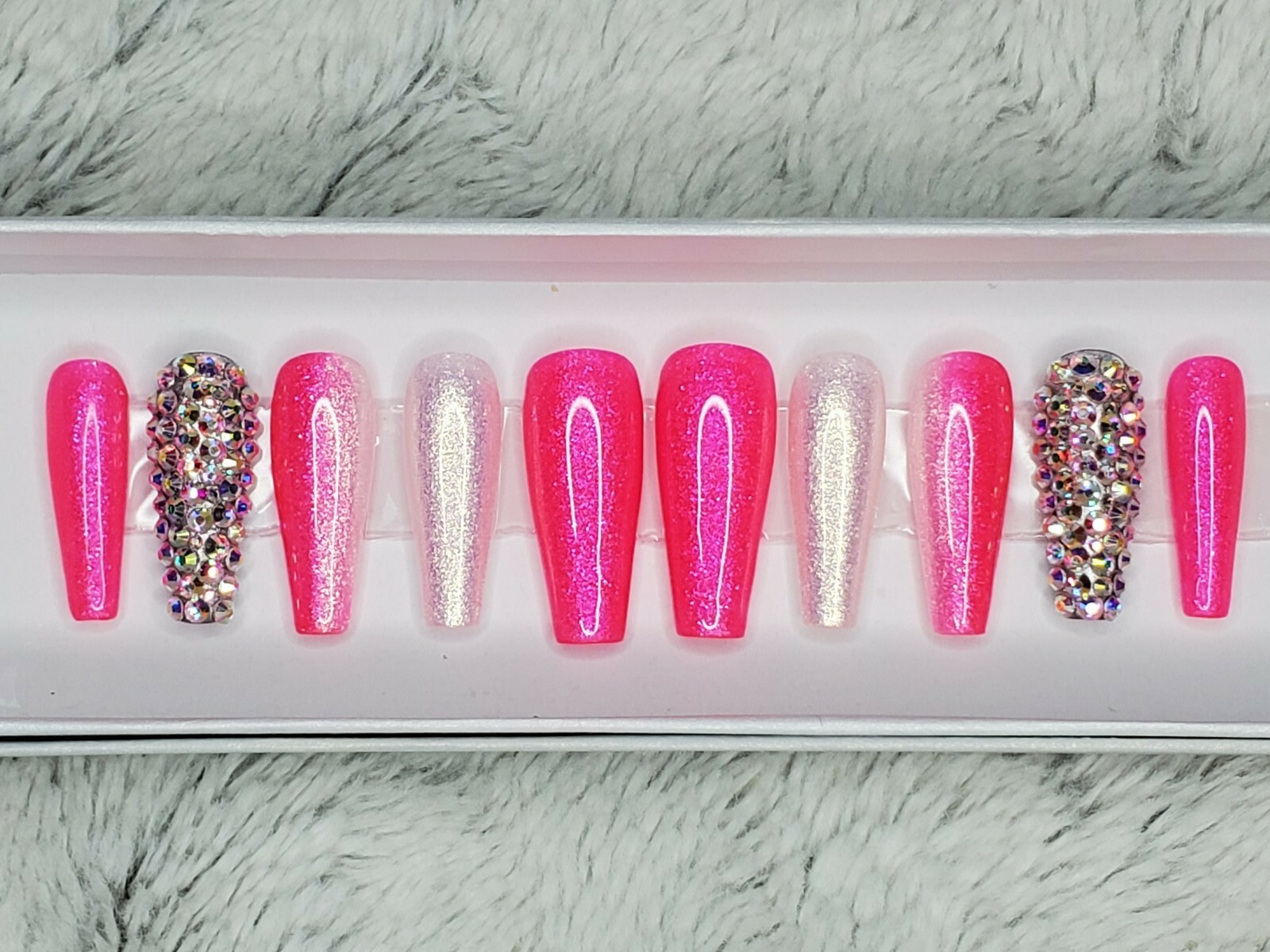 Neon hot pink Bling glitter long ballerina diamond press on nails barbie ombre