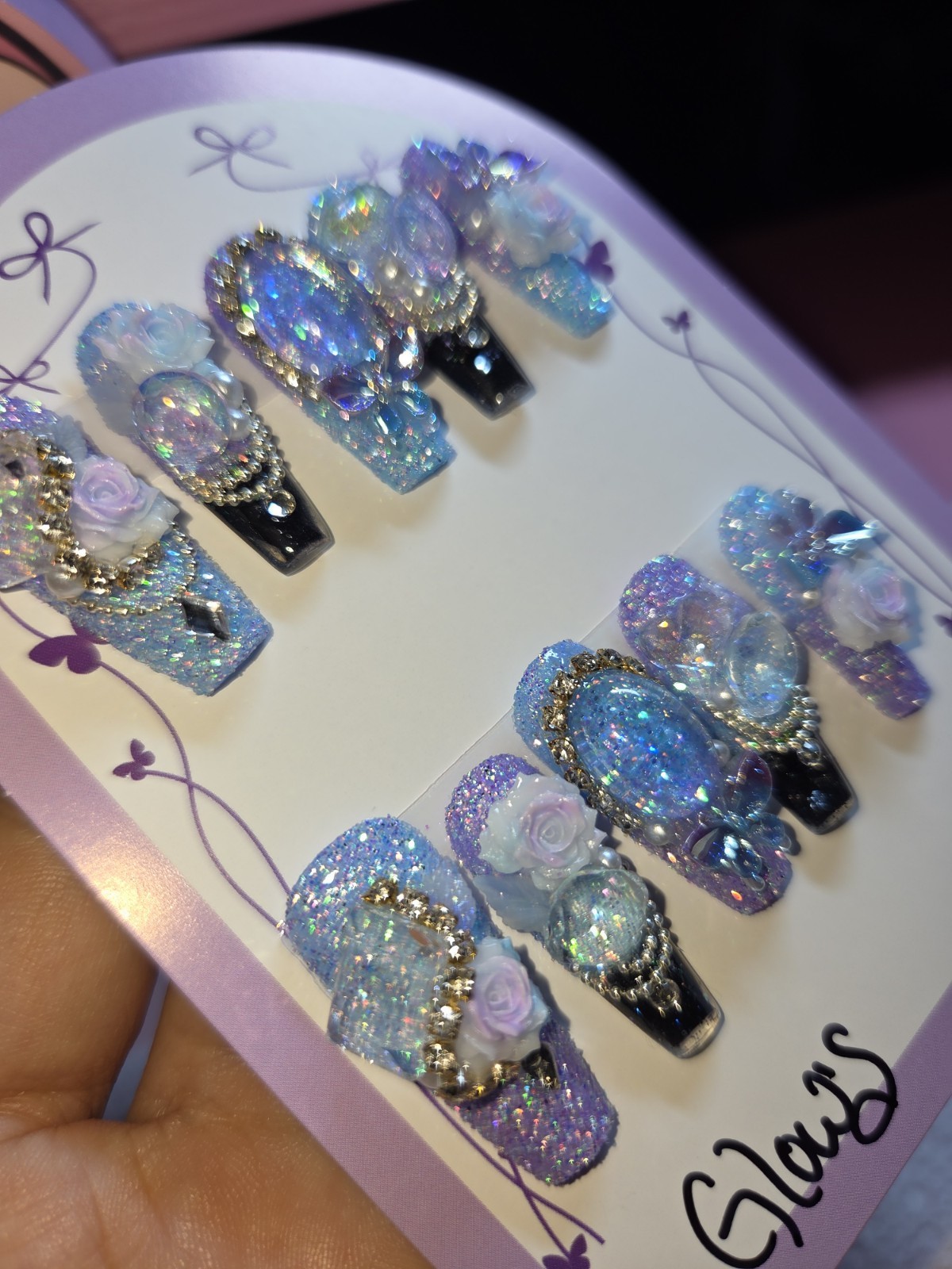 Press On Nails Blue Purple Medium Short Coffin Water Aqua Nails, GLOW N DARK