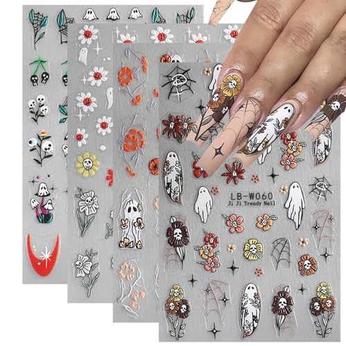 4 Sheets Cute Ghost Nail Art Stickers and Halloween Flower Nail Stickers-7