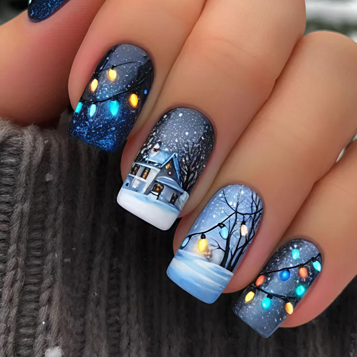 48pcs Winter Holiday Press On Nails Christmas Cottage Reusable False Nail Kit