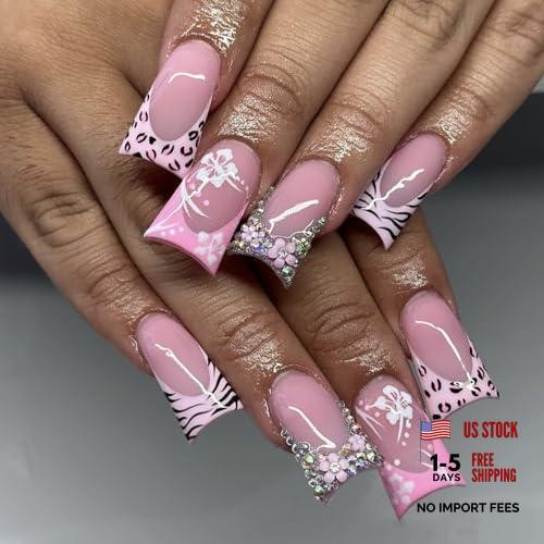 Duck Shaped Acrylic Nails – Medium – Medium – French & Floral Rhinestone