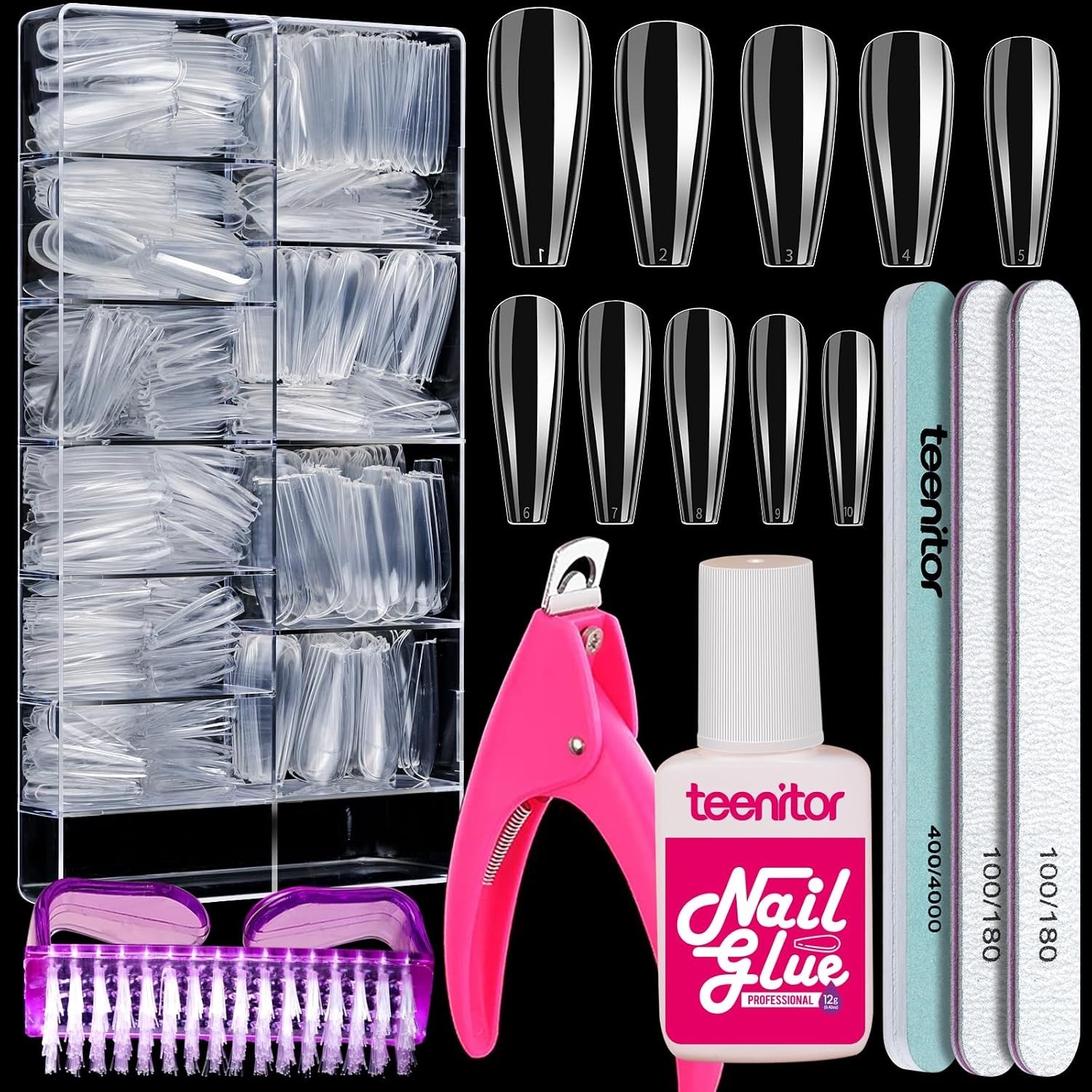 Clear Coffin Nail Tips Set, Long Acrylic Nail Kit Full Cover Clear Press On N…