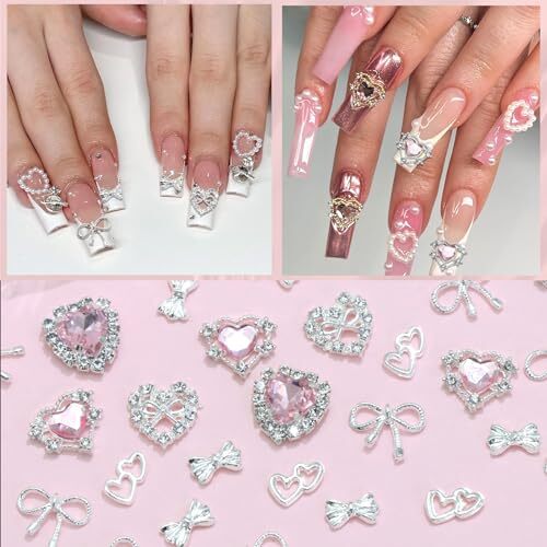 32PCS Bow Nail Charms 3D Silver Heart Shape Nail Art Charm Silver&Pink Bow