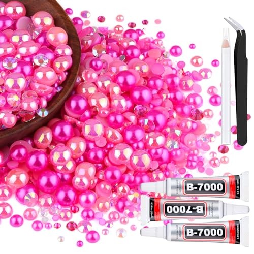 80g Flatback Pearls and Rhinestones for Crafting, Dark Pink 3 80g Dark Pink